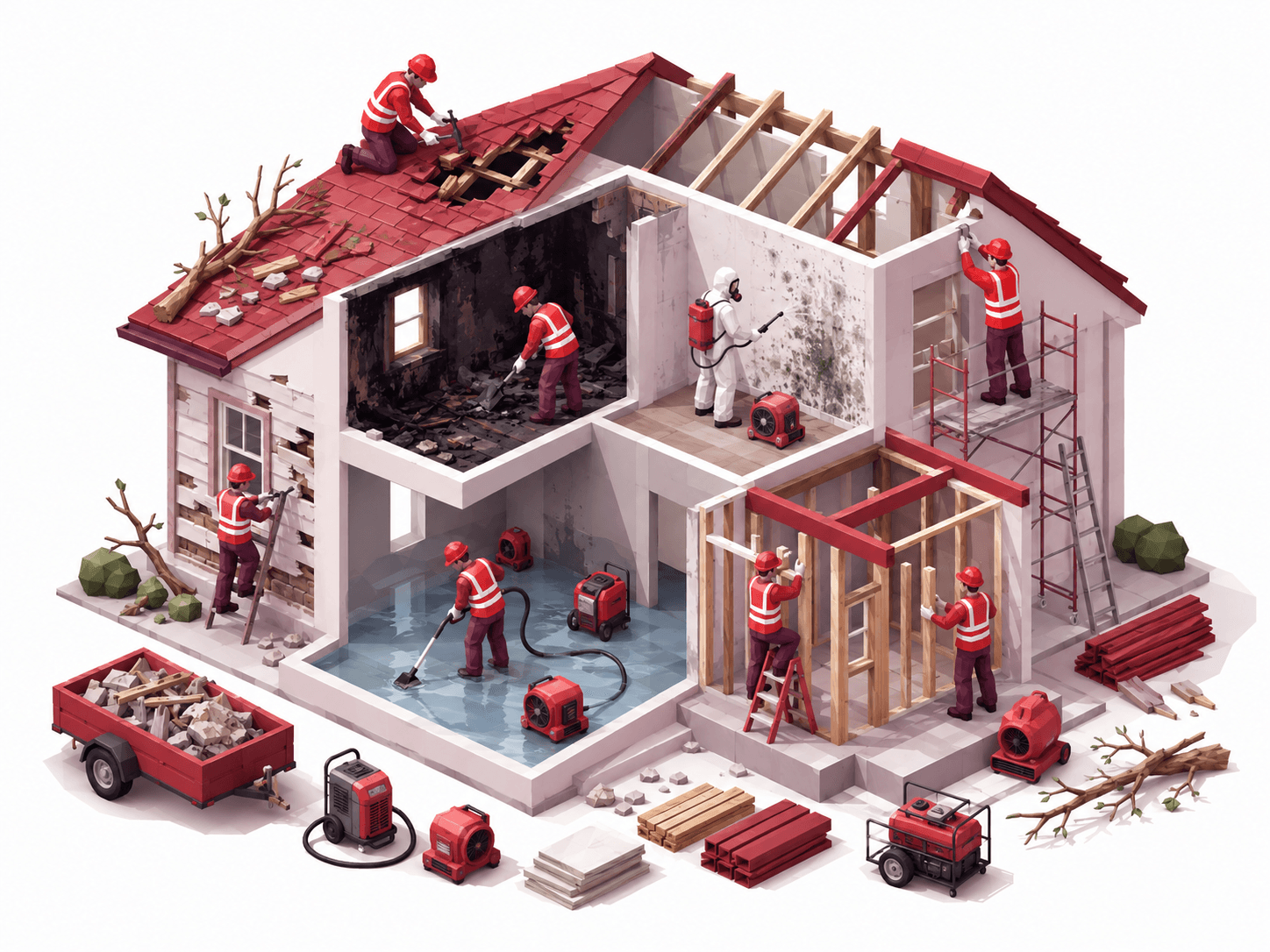 Restoration professionals assessing water damage in a home